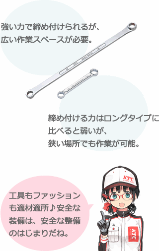 【強い力で締め付けられるが、広い作業スペースが必要。】【締め付ける力はロングタイプに比べると弱いが、狭い場所でも作業が可能。】【工具もファッションも適材適所♪安全な装備は、安全な整備のはじまりだね。】