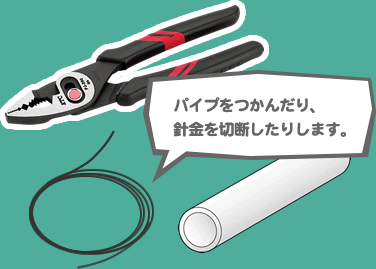 パイプをつかんだり、針金を切断したりします。